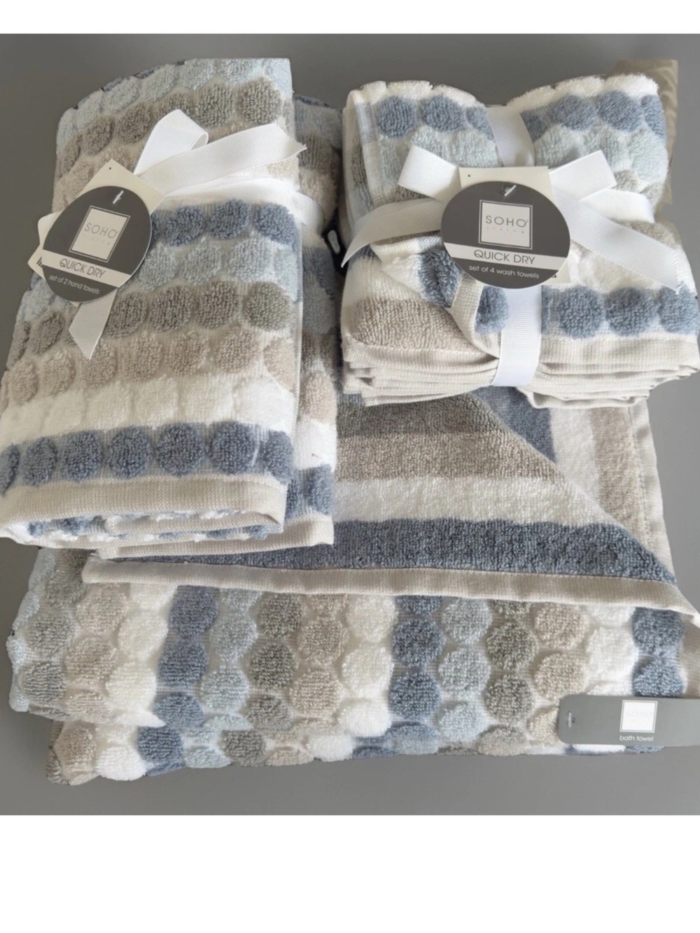 Soho Living Reversible Blue Grey  Dots Stripes 8 pc Towel Set 100% Cotton NWT